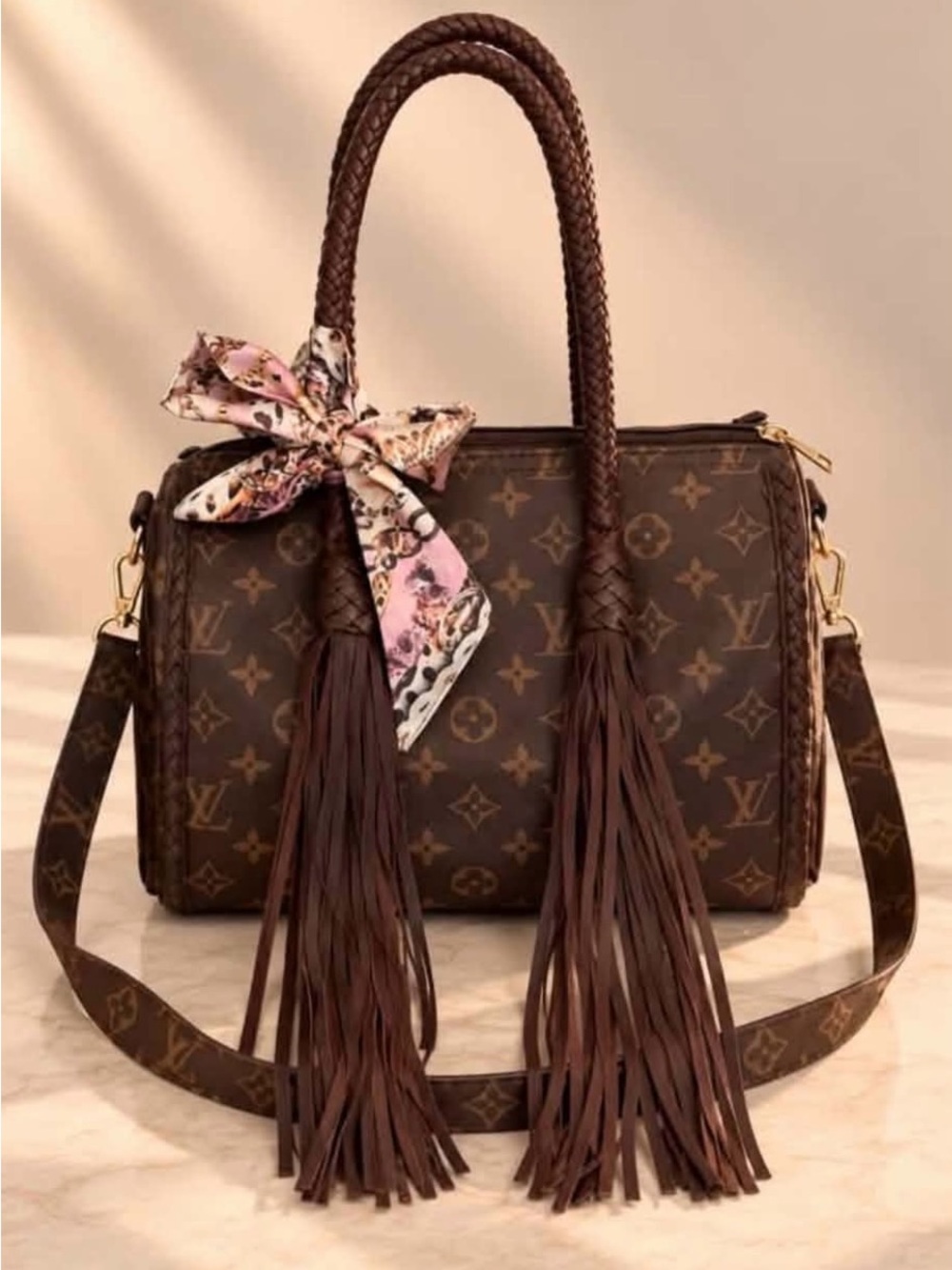 Luxury designer Monogram fringed satchel (30)-NWOT
